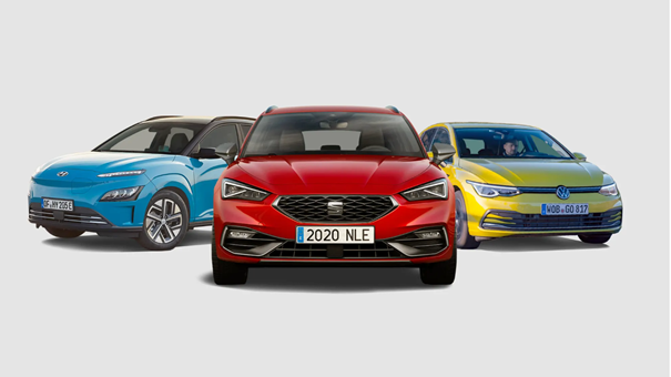 Seat Leon TGI (v sredini), VW Golf TGI in Hyundai Kona Electric so najčistejši avtomobili leta 2021 ∙ © Seat, Volkswagen, Hyundai [M]
